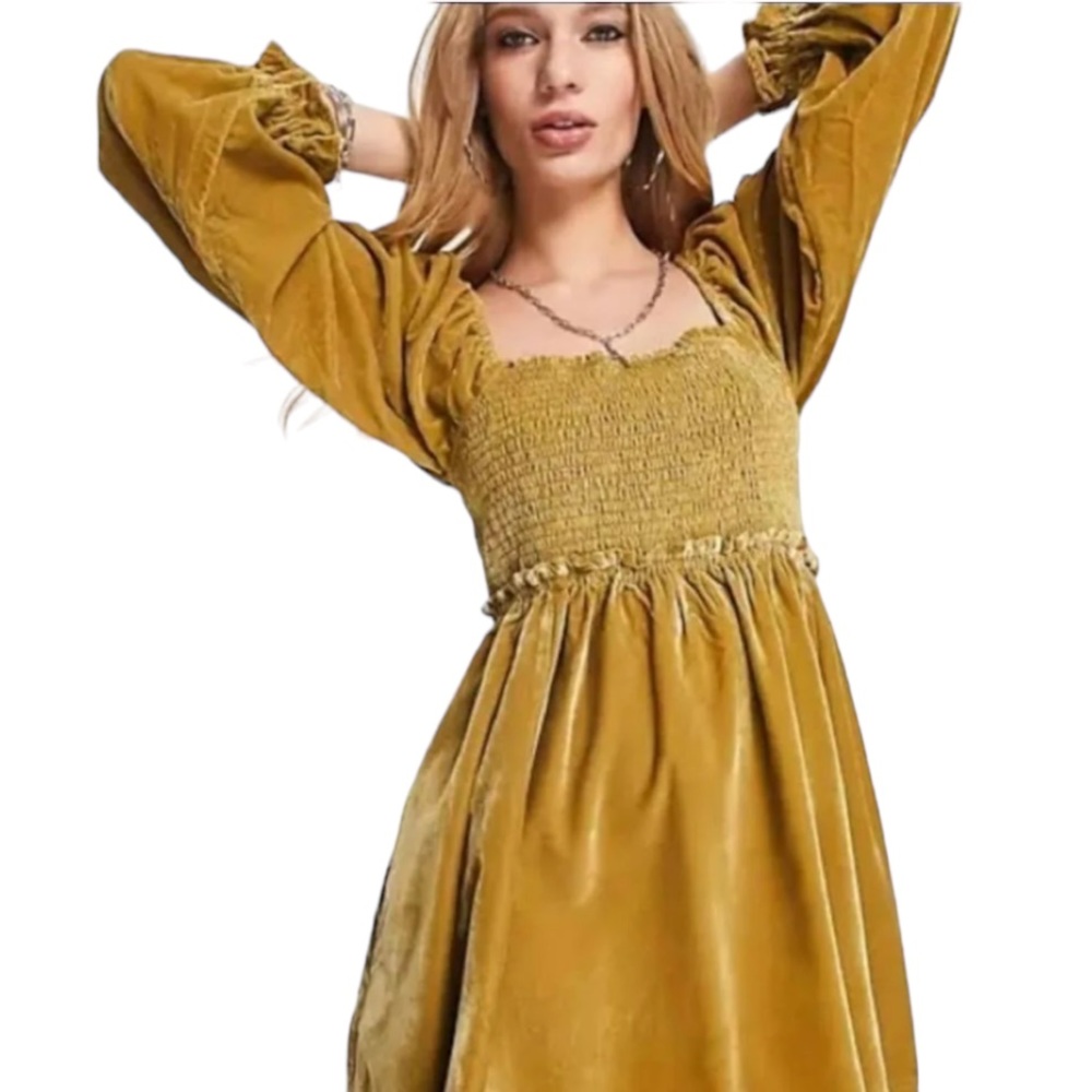 Free People Velvet Daphne Dress | Size Medium | Balloon Sleeves Boho Peasant